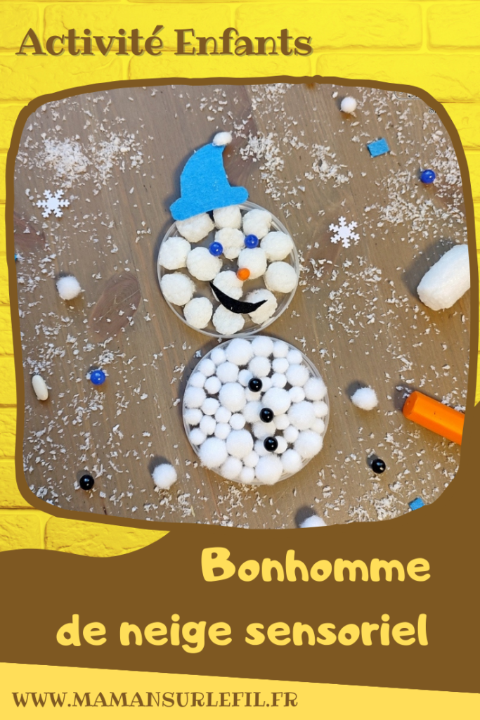 Activité créative et manuelle enfants -Fabriquer des bonhommes de neige sensoriels en récup' - Bouchons en plastique de Boite de chips type Pringles - Matériel créatif divers - haricots blancs, fausse neige, flocons, pompons, playmais, coton - Accessoires en feutrine et perles - Collage et art éphémère - Hiver, banquise, froid, neige - Arts visuels Maternelle et élémentaire - Créativité - Cycle 1 ou 2 - mslf