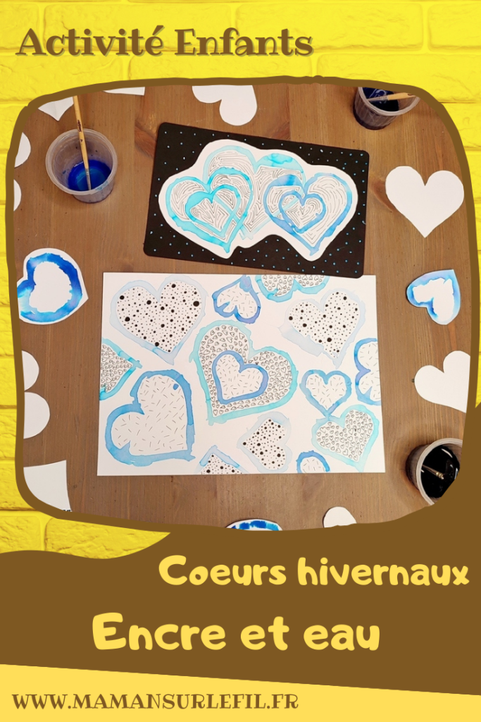 Activité créative et manuelle enfants -Des coeurs hivernaux avec technique Encre et Eau - Cœurs comme pochoirs - Rendu aquarelle - Graphismes et zen art pour habiller le tout - art thérapie - couleurs Hiver et Saint-valentin - Dessin et graphisme - Thème Hiver, banquise, Saint valentin, amour - Arts visuels Maternelle et élémentaire - Créativité - Cycle 1 ou 2 - mslf