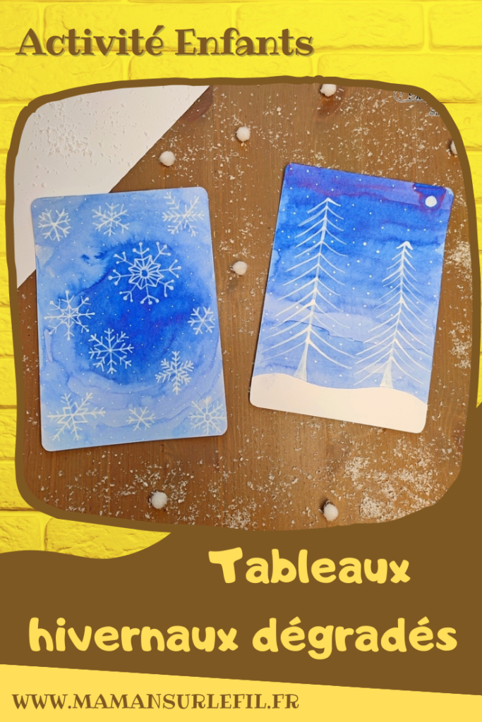 Activité créative et manuelle enfants -Tableaux hivernaux en dégradés de bleu, encre - Flocons et paysage enneigé - Nuit - Sapins, neige et lune - Dégradé en ligne et en cercle - Dessins et graphismes au Posca - Thème Hiver, Forêt, froid, neige - Arts visuels Maternelle et élémentaire - Technique de peinture - Créativité - Cycle 1 ou 2 - mslf