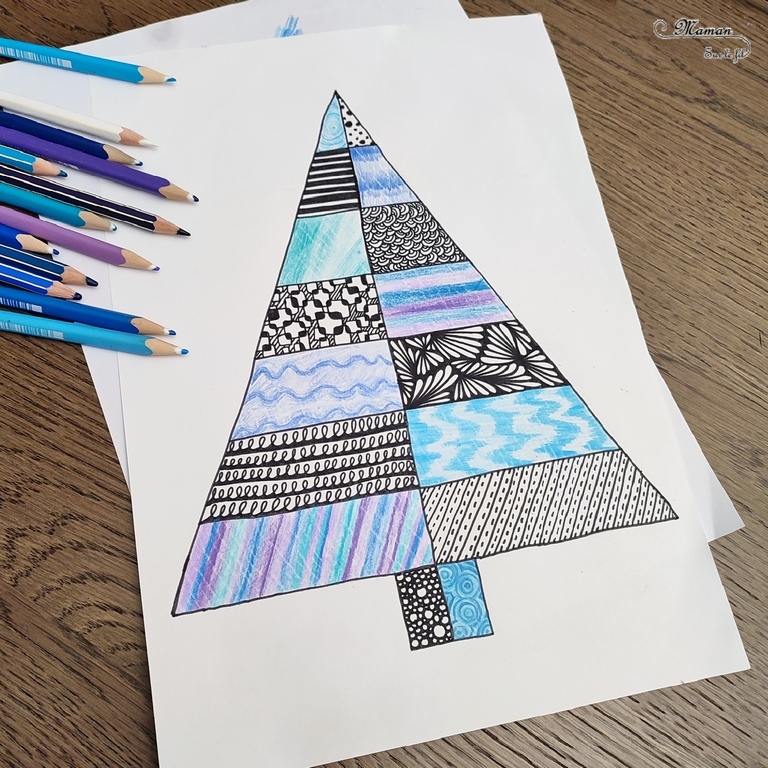 Activité créative et manuelle enfants -Dessiner une sapin graphique aux couleurs hivernales façon Art Thérapie - Dessin et graphismes - Jeu entre noir, blanc et couleurs bleu violet - invitation à créer - Détente, relaxation, anti-stress - Arts visuels et bricolage Maternelle et élémentaire - Adulte - Crayons de couleurs - Thème hiver - Créativité - Cycle 1, 2 ou 3 - mslf