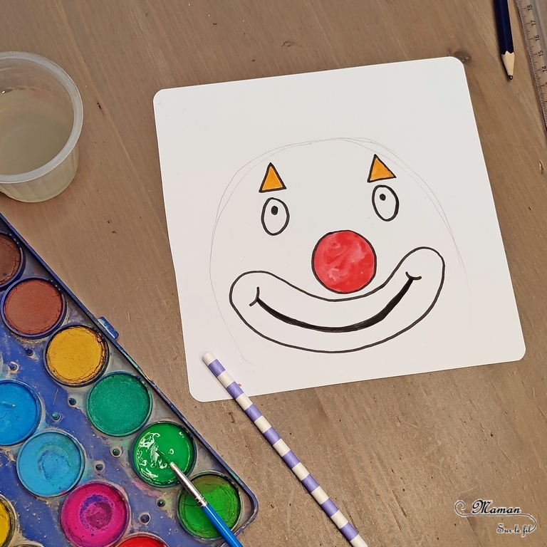 Activité créative et manuelle enfants - Cheveux de Clown en peinture ou encre soufflée à la paille - couleurs et travail du souffle - Nez rouge et dessin - Cheveux en plusieurs techniques - Carnaval, mardi-gras, cirque - Arts visuels Maternelle et élémentaire - Créativité - Cycle 1 ou 2 - mslf