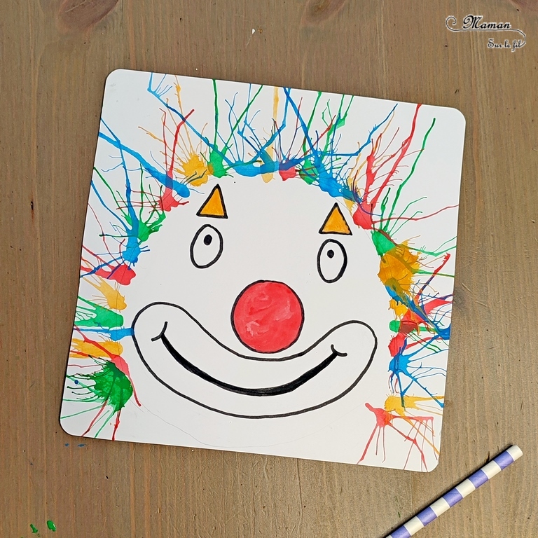 Activité créative et manuelle enfants - Cheveux de Clown en peinture ou encre soufflée à la paille - couleurs et travail du souffle - Nez rouge et dessin - Cheveux en plusieurs techniques - Carnaval, mardi-gras, cirque - Arts visuels Maternelle et élémentaire - Créativité - Cycle 1 ou 2 - mslf