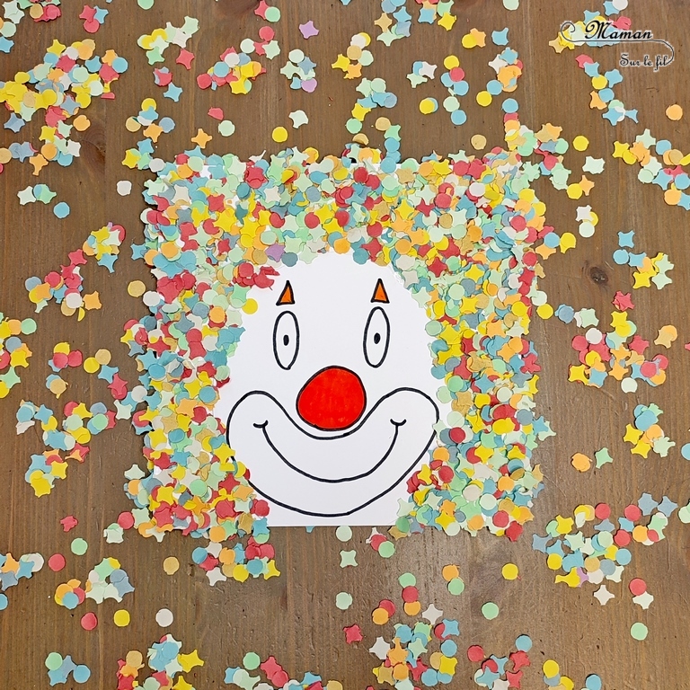 Activité créative et manuelle enfants - Clown avec des cheveux en confettis - Collage facile et rigolo - couleurs - Nez rouge et dessin - Cheveux en plusieurs techniques - Carnaval, mardi-gras, cirque - Arts visuels Maternelle et élémentaire - Créativité - Cycle 1 ou 2 - mslf