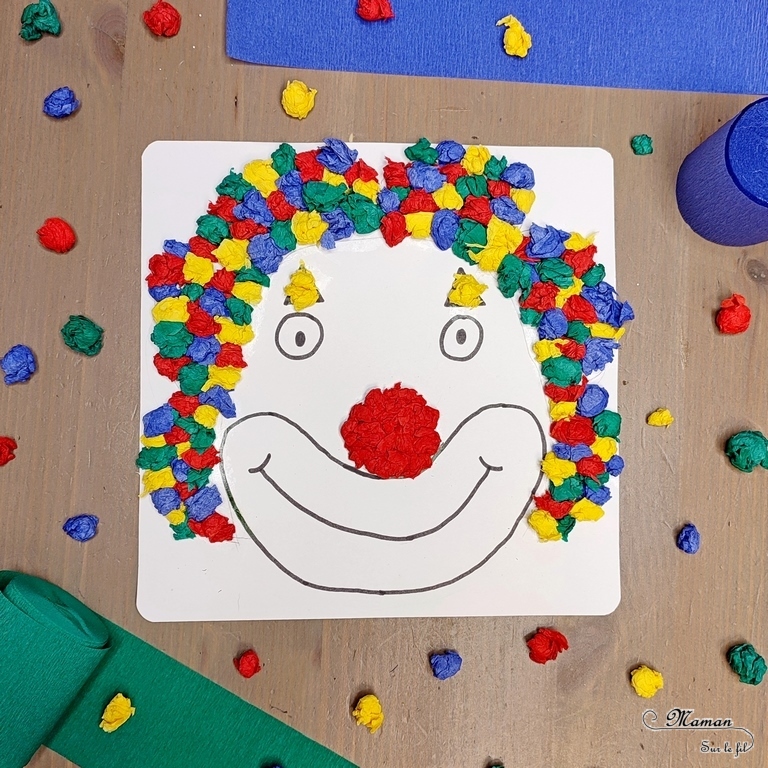 Activité créative et manuelle enfants - Clown avec des cheveux en post-it roulés - Papier enroulé, initiation quilling, motricité fine - couleurs fluos - Nez rouge en pompon et dessin - Cheveux en plusieurs techniques - Carnaval, mardi-gras, cirque - Arts visuels Maternelle et élémentaire - Créativité - Cycle 1 ou 2 - mslf