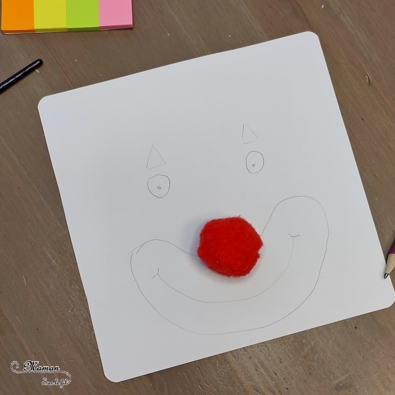 Activité créative et manuelle enfants - Clown avec des cheveux en post-it roulés - Papier enroulé, initiation quilling, motricité fine - couleurs fluos - Nez rouge en pompon et dessin - Cheveux en plusieurs techniques - Carnaval, mardi-gras, cirque - Arts visuels Maternelle et élémentaire - Créativité - Cycle 1 ou 2 - mslf