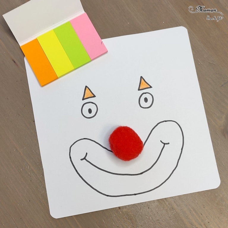 Activité créative et manuelle enfants - Clown avec des cheveux en post-it roulés - Papier enroulé, initiation quilling, motricité fine - couleurs fluos - Nez rouge en pompon et dessin - Cheveux en plusieurs techniques - Carnaval, mardi-gras, cirque - Arts visuels Maternelle et élémentaire - Créativité - Cycle 1 ou 2 - mslf