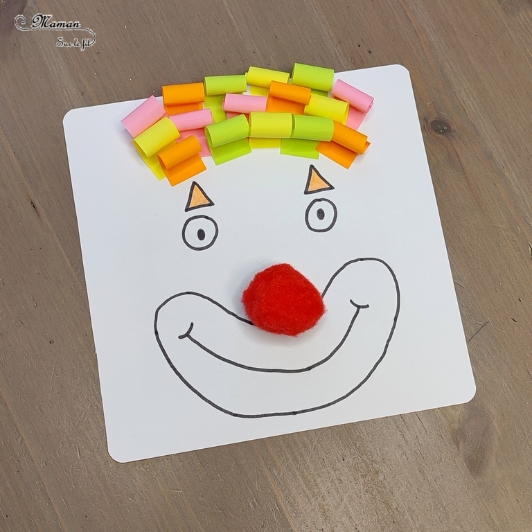 Activité créative et manuelle enfants - Clown avec des cheveux en post-it roulés - Papier enroulé, initiation quilling, motricité fine - couleurs fluos - Nez rouge en pompon et dessin - Cheveux en plusieurs techniques - Carnaval, mardi-gras, cirque - Arts visuels Maternelle et élémentaire - Créativité - Cycle 1 ou 2 - mslf