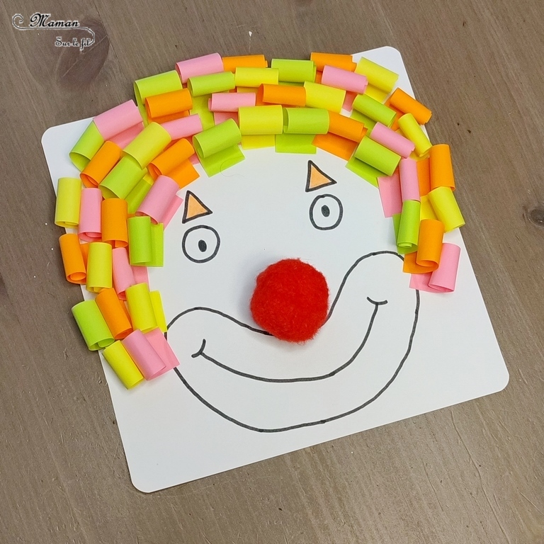 Activité créative et manuelle enfants - Clown avec des cheveux en post-it roulés - Papier enroulé, initiation quilling, motricité fine - couleurs fluos - Nez rouge en pompon et dessin - Cheveux en plusieurs techniques - Carnaval, mardi-gras, cirque - Arts visuels Maternelle et élémentaire - Créativité - Cycle 1 ou 2 - mslf