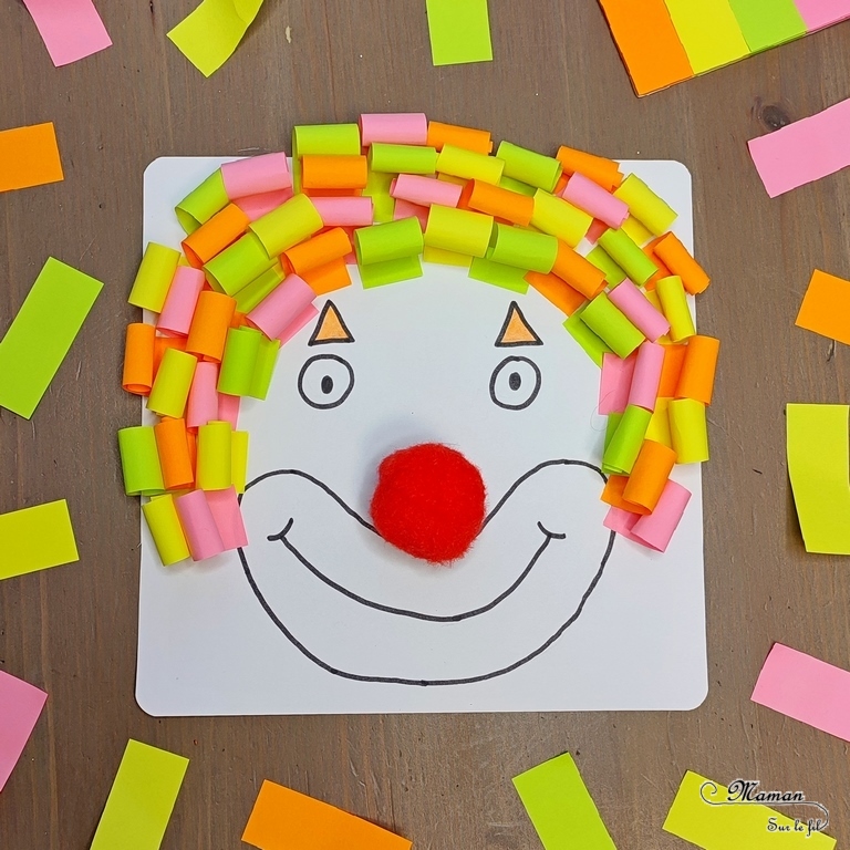 Activité créative et manuelle enfants - Clown avec des cheveux en post-it roulés - Papier enroulé, initiation quilling, motricité fine - couleurs fluos - Nez rouge en pompon et dessin - Cheveux en plusieurs techniques - Carnaval, mardi-gras, cirque - Arts visuels Maternelle et élémentaire - Créativité - Cycle 1 ou 2 - mslf