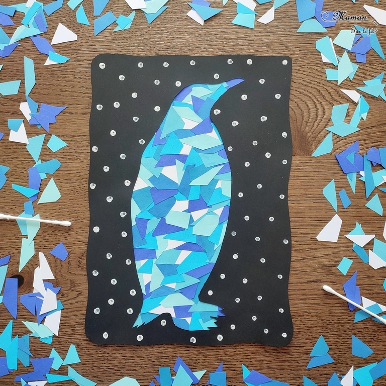 Activité créative et manuelle enfants - Manchot ou pingouin en mosaïque de papiers - Récup' de chutes de papier bleu - Découpage et collage - Pochoir noir pour contraste avec la couleur - Peinture au coton-tige, pointillisme pour la neige - Animaux banquise - bricolage - Recyclage et surcyclage - Animaux du froid - Froid et hiver - Arts visuels Maternelle et élémentaire - Créativité - Cycle 1 ou 2 - mslf