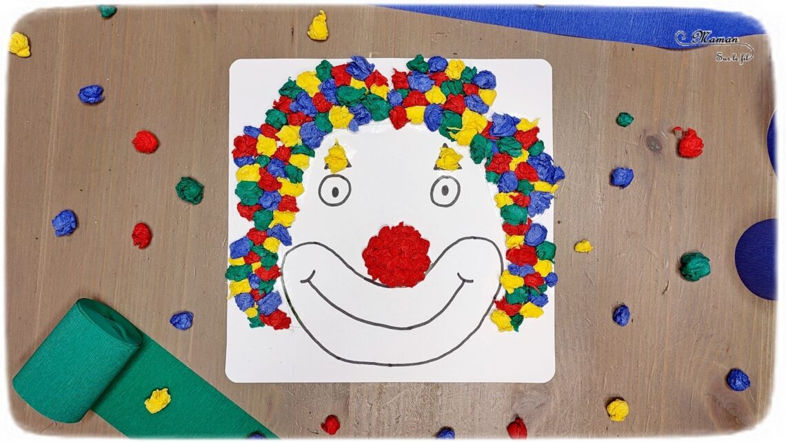 Activité créative et manuelle enfants - Clown avec des cheveux en post-it roulés - Papier enroulé, initiation quilling, motricité fine - couleurs fluos - Nez rouge en pompon et dessin - Cheveux en plusieurs techniques - Carnaval, mardi-gras, cirque - Arts visuels Maternelle et élémentaire - Créativité - Cycle 1 ou 2 - mslf