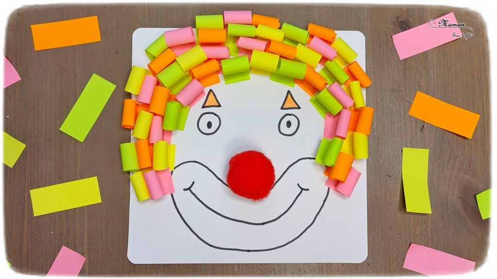 Activité créative et manuelle enfants - Clown avec des cheveux en post-it roulés - Papier enroulé, initiation quilling, motricité fine - couleurs fluos - Nez rouge en pompon et dessin - Cheveux en plusieurs techniques - Carnaval, mardi-gras, cirque - Arts visuels Maternelle et élémentaire - Créativité - Cycle 1 ou 2 - mslf