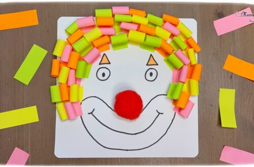 Activité créative et manuelle enfants - Clown avec des cheveux en post-it roulés - Papier enroulé, initiation quilling, motricité fine - couleurs fluos - Nez rouge en pompon et dessin - Cheveux en plusieurs techniques - Carnaval, mardi-gras, cirque - Arts visuels Maternelle et élémentaire - Créativité - Cycle 1 ou 2 - mslf