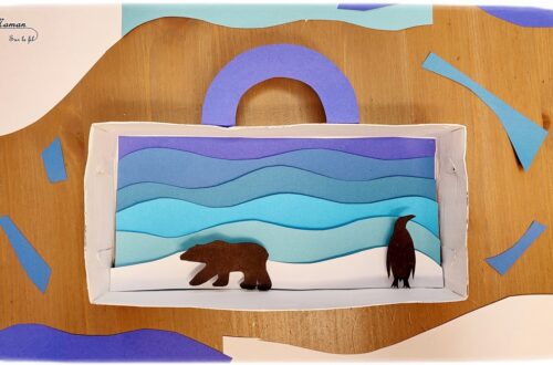 Activité créative et manuelle enfants - Banquise en dégradé de bleu, en relief et en récup' - Découpage, collage de papier bleus - Animaux du froid : ours polaire et manchot / pingouin en noir - Récup d'une boite en carton - La banquise en valise - Travail autour des couleurs et leurs nuances - Froid et hiver - 3D grâce aux carrés mousses adhésifs double face - Arts visuels Maternelle et élémentaire - Créativité - Cycle 1 ou 2 - mslf