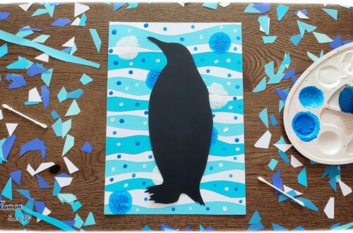 Activité créative et manuelle enfants - Manchot ou pingouin sur bandes bleues et blanches de papier - Récup' de chutes de papier - Découpage et collage de bandes - algorithme - technique pour fond - ronds peinture tampon et coton-tige - Silhouette noire de manchot - contraste avec la couleur - Animaux banquise - bricolage - Recyclage et surcyclage - Animaux du froid - Froid et hiver - Arts visuels Maternelle et élémentaire - Créativité - Cycle 1 ou 2 - mslf