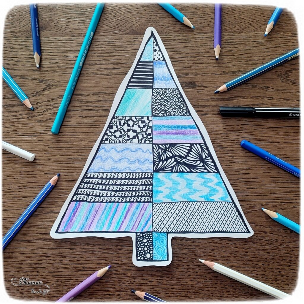 Activité créative et manuelle enfants -Dessiner une sapin graphique aux couleurs hivernales façon Art Thérapie - Dessin et graphismes - Jeu entre noir, blanc et couleurs bleu violet - invitation à créer - Détente, relaxation, anti-stress - Arts visuels et bricolage Maternelle et élémentaire - Adulte - Crayons de couleurs - Thème hiver - Créativité - Cycle 1, 2 ou 3 - mslf