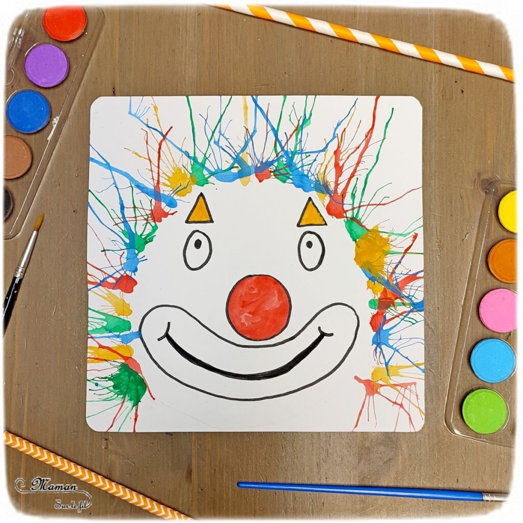 Activité créative et manuelle enfants - Cheveux de Clown en peinture ou encre soufflée à la paille - couleurs et travail du souffle - Nez rouge et dessin - Cheveux en plusieurs techniques - Carnaval, mardi-gras, cirque - Arts visuels Maternelle et élémentaire - Créativité - Cycle 1 ou 2 - mslf