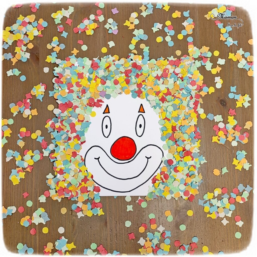 Activité créative et manuelle enfants - Clown avec des cheveux en confettis - Collage facile et rigolo - couleurs - Nez rouge et dessin - Cheveux en plusieurs techniques - Carnaval, mardi-gras, cirque - Arts visuels Maternelle et élémentaire - Créativité - Cycle 1 ou 2 - mslf