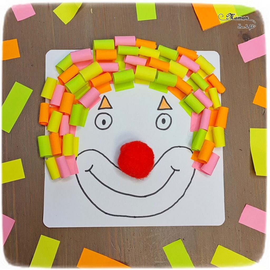 Activité créative et manuelle enfants - Clown avec des cheveux en post-it roulés - Papier enroulé, initiation quilling, motricité fine - couleurs fluos - Nez rouge en pompon et dessin - Cheveux en plusieurs techniques - Carnaval, mardi-gras, cirque - Arts visuels Maternelle et élémentaire - Créativité - Cycle 1 ou 2 - mslf