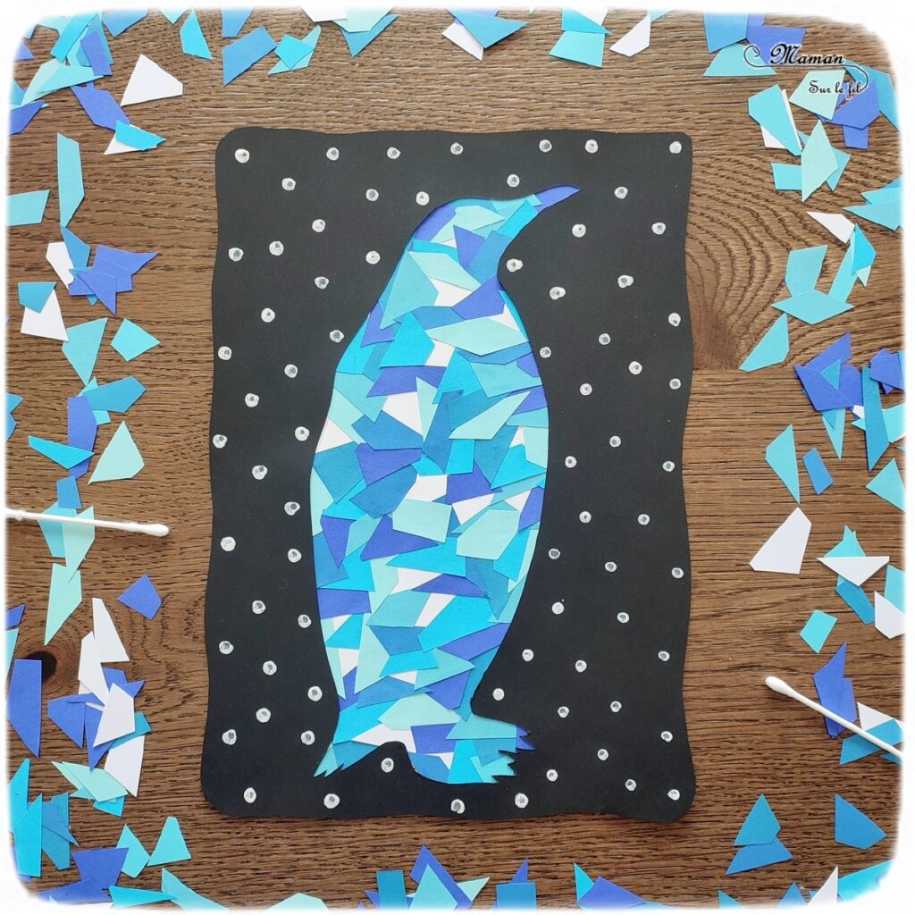 Activité créative et manuelle enfants - Manchot ou pingouin en mosaïque de papiers - Récup' de chutes de papier bleu - Découpage et collage - Pochoir noir pour contraste avec la couleur - Peinture au coton-tige, pointillisme pour la neige - Animaux banquise - bricolage - Recyclage et surcyclage - Animaux du froid - Froid et hiver - Arts visuels Maternelle et élémentaire - Créativité - Cycle 1 ou 2 - mslf