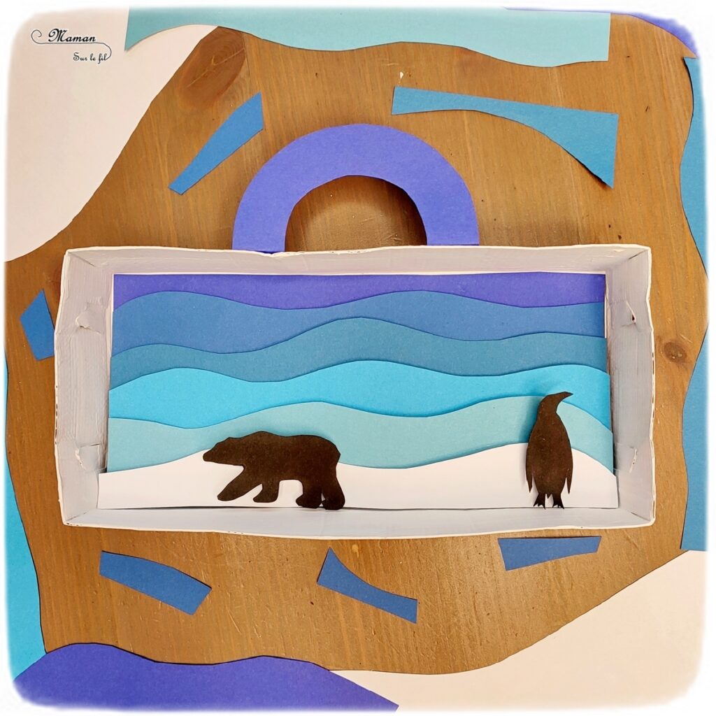 Activité créative et manuelle enfants - Banquise en dégradé de bleu, en relief et en récup' - Découpage, collage de papier bleus - Animaux du froid : ours polaire et manchot / pingouin en noir - Récup d'une boite en carton - La banquise en valise - Travail autour des couleurs et leurs nuances - Froid et hiver - 3D grâce aux carrés mousses adhésifs double face - Arts visuels Maternelle et élémentaire - Créativité - Cycle 1 ou 2 - mslf