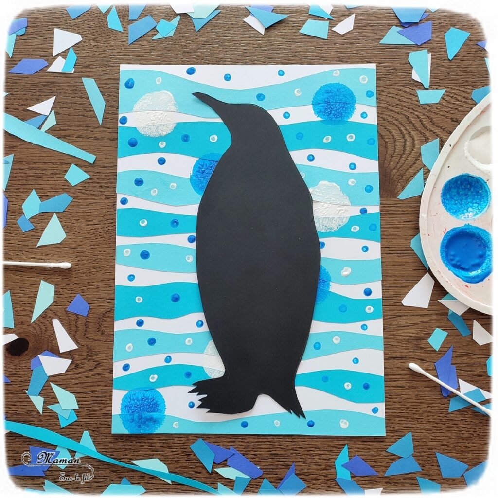 Activité créative et manuelle enfants - Manchot ou pingouin sur bandes bleues et blanches de papier - Récup' de chutes de papier - Découpage et collage de bandes - algorithme - technique pour fond - ronds peinture tampon et coton-tige - Silhouette noire de manchot - contraste avec la couleur - Animaux banquise - bricolage - Recyclage et surcyclage - Animaux du froid - Froid et hiver - Arts visuels Maternelle et élémentaire - Créativité - Cycle 1 ou 2 - mslf