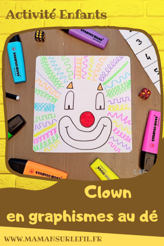 Activité créative et manuelle enfants - Cheveux de Clown en graphismes aux dés - Reconnaissance des constellations du dé, dénombrement de 1 à 6 - Dessin, Graphismes, couleurs - Prémices et entrainement à l'écriture - Cheveux en plusieurs techniques - Carnaval, mardi-gras, cirque - Arts visuels Maternelle et élémentaire - Créativité - Cycle 1 ou 2 - mslf