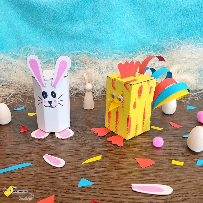 Activité créative et manuelle enfants - Petites boites en carton à monter, customiser et décorer selon vos thèmes - Pour fêtes mères, pères, fin d'année, Pâques... Cadeau avec bonbons ou petit cadeau - Lapin et Poule version Peinture, découpage et collage - Bricolage facile pour printemps et Pâques - Carrées et Octogonales - Arts visuels Maternelle et élémentaire - Créativité - Cycle 1 ou 2 - mslf