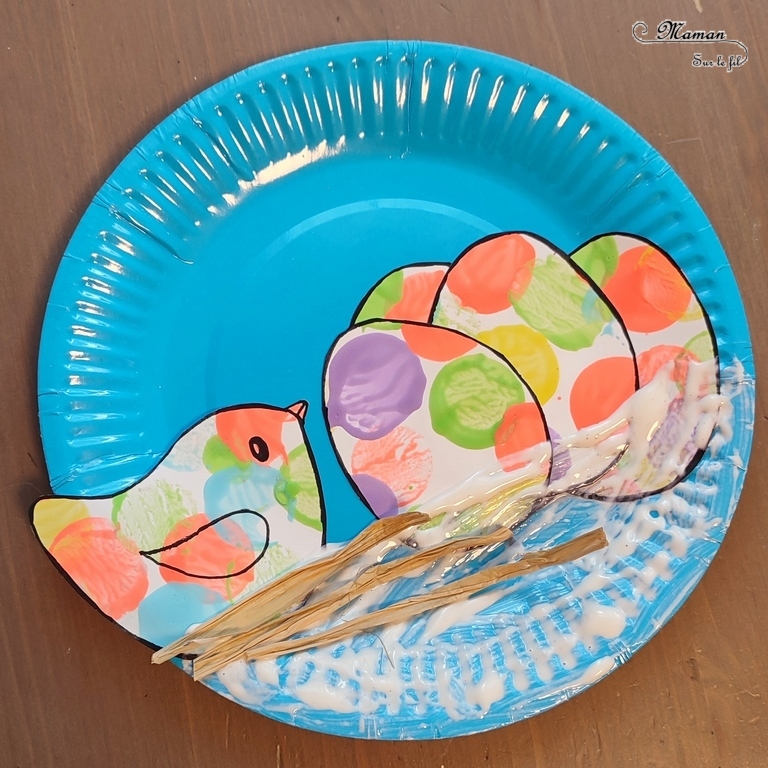 Activité créative et manuelle enfants - Fabriquer un nid d'oiseaux et des oeufs en assiette en carton - Peinture pastels au bouchon - découpage collage - Raffia ou paille - Récup, recyclage, surcyclage - Bricolage facile et rapide pour le printemps et thème animaux - Arts visuels Maternelle et élémentaire - Créativité - Cycle 1 ou 2 - mslf