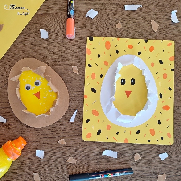 Activité créative et manuelle enfants - Créer des Poussins mignons dans leur oeuf en papier déchiré - Peinture à la paille, Découpage, collage et déchirage - Yeux mobiles, dessin et graphisme - Poussin qui sort de l'oeuf - Bricolage pour le printemps et pour Pâques - Bricolage facile et rigolo - Arts visuels Maternelle et élémentaire - Créativité - Tutoriel photos - Cycle 1 ou 2 - mslf