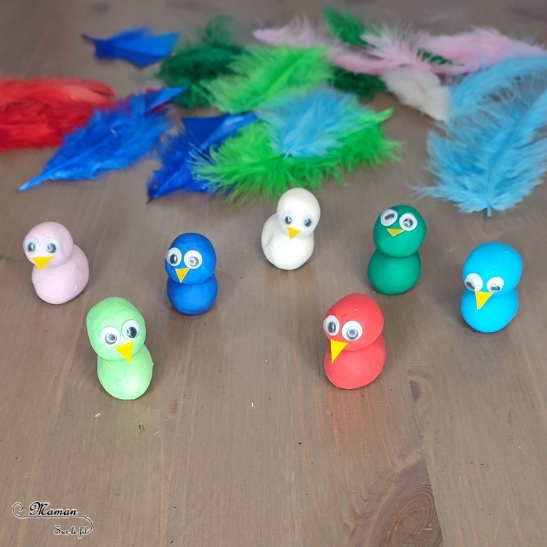 Activité créative, manuelle, pédagogique et éducative enfants - Oiseaux en pâte à modeler, plumes et association de couleurs - Jeu et atelier DIY - Maternelle et pré-scolaire - Modelage et Motricité fine - Planter les plumes dans les oiseaux en fonction des couleurs - Animaux et Printemps - Arts visuels Maternelle et élémentaire - Créativité - Cycle 1 ou 2 - mslf