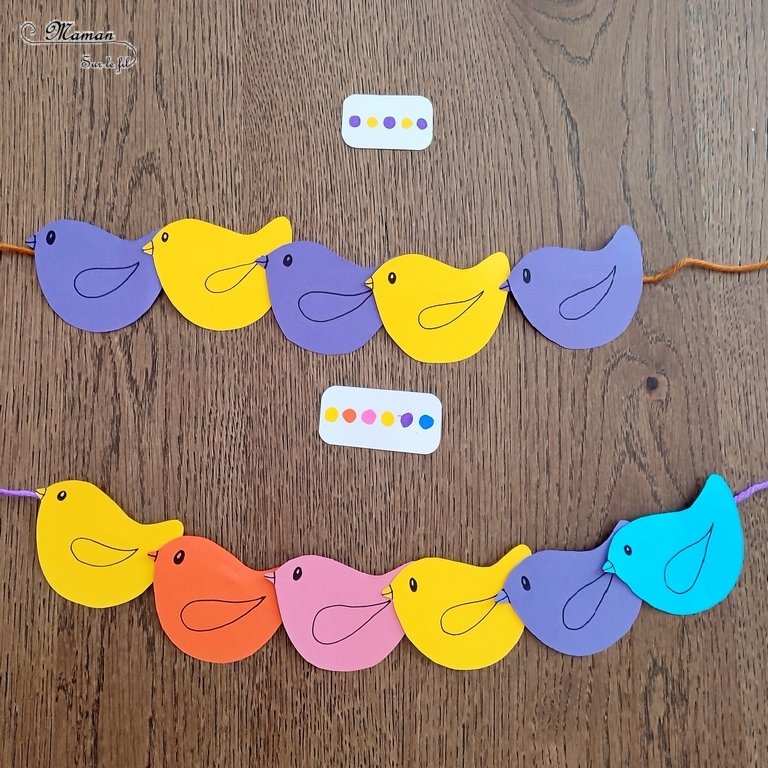 Activité créative, manuelle, pédagogique et éducative enfants - Oiseaux sur le fil - Multi-jeux : plusieurs activités - ateliers DIY maternelle - Classement, tri par couleur, reproduction d'un algorithme, dénombrement, compter, rangement par taille - Motricité fine - Enfiler les oiseaux sur un fil de laine - Animaux et Printemps - Arts visuels Maternelle et élémentaire - Créativité - Cycle 1 ou 2 - mslf