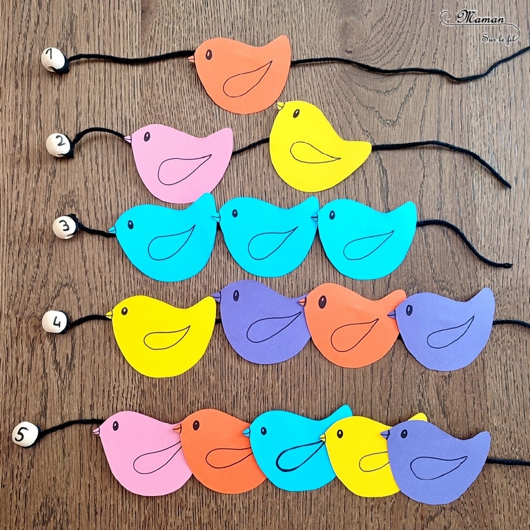 Activité créative, manuelle, pédagogique et éducative enfants - Oiseaux sur le fil - Multi-jeux : plusieurs activités - ateliers DIY maternelle - Classement, tri par couleur, reproduction d'un algorithme, dénombrement, compter, rangement par taille - Motricité fine - Enfiler les oiseaux sur un fil de laine - Animaux et Printemps - Arts visuels Maternelle et élémentaire - Créativité - Cycle 1 ou 2 - mslf