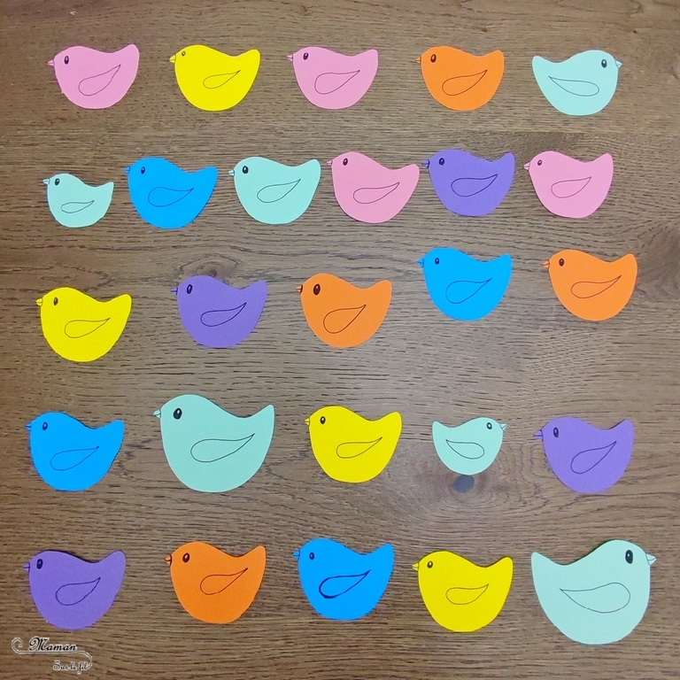 Activité créative, manuelle, pédagogique et éducative enfants - Oiseaux sur le fil - Multi-jeux : plusieurs activités - ateliers DIY maternelle - Classement, tri par couleur, reproduction d'un algorithme, dénombrement, compter, rangement par taille - Motricité fine - Enfiler les oiseaux sur un fil de laine - Animaux et Printemps - Arts visuels Maternelle et élémentaire - Créativité - Cycle 1 ou 2 - mslf