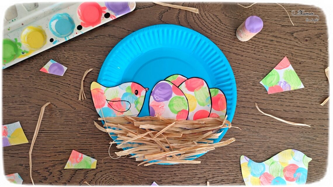 Activité créative et manuelle enfants - Fabriquer un nid d'oiseaux et des oeufs en assiette en carton - Peinture pastels au bouchon - découpage collage - Raffia ou paille - Récup, recyclage, surcyclage - Bricolage facile et rapide pour le printemps et thème animaux - Arts visuels Maternelle et élémentaire - Créativité - Cycle 1 ou 2 - mslf