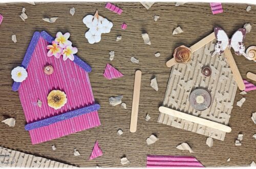 Activité créative et manuelle enfants - Cabanes à oiseaux en carton ondulé et récup' - Carton déchiré, Bâtonnets de glace en bois, peinture, paillettes - Version Kraft et nature et version Girly - Scrap en carton - Bricolage et collage pour le printemps - Suspension décoration pour le jardin - Bricolage facile et rigolo - Recyclage et surcyclage - Arts visuels Maternelle et élémentaire - Créativité - Cycle 1 ou 2 - mslf