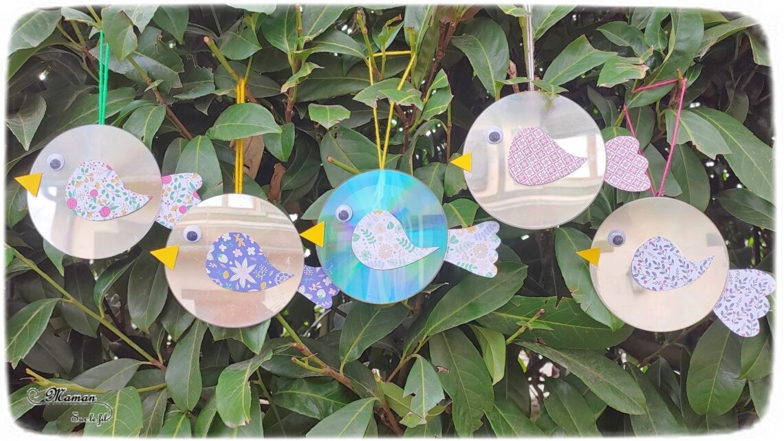 Activité créative et manuelle enfants - Fabriquer des oiseaux avec de vieux CD - Récup, recyclage, surcyclage - Découpage, collage de papier à motifs printaniers - Suspension avec de la laine pour le jardin ou décoration - Peut servir à éloigner les oiseaux des arbres fruitiers ou des plantations (cerisier par exemple) grâce aux reflets - ou éloigner les pigeons des balcons - Bricolage facile et rapide pour le printemps - Arts visuels Maternelle et élémentaire - Créativité - Cycle 1 ou 2 - mslf