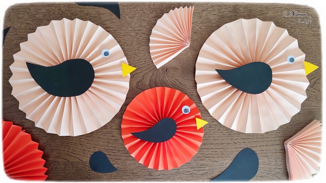 Activité créative et manuelle enfants - Fabriquer des oiseaux avec des rosaces en papier - Pliage type origami en éventail ou accordéon, collage - Décoration et Bricolage pour le printemps - Tutoriel Photos - Arts visuels Maternelle et élémentaire - Créativité - Cycle 1 ou 2 - mslf