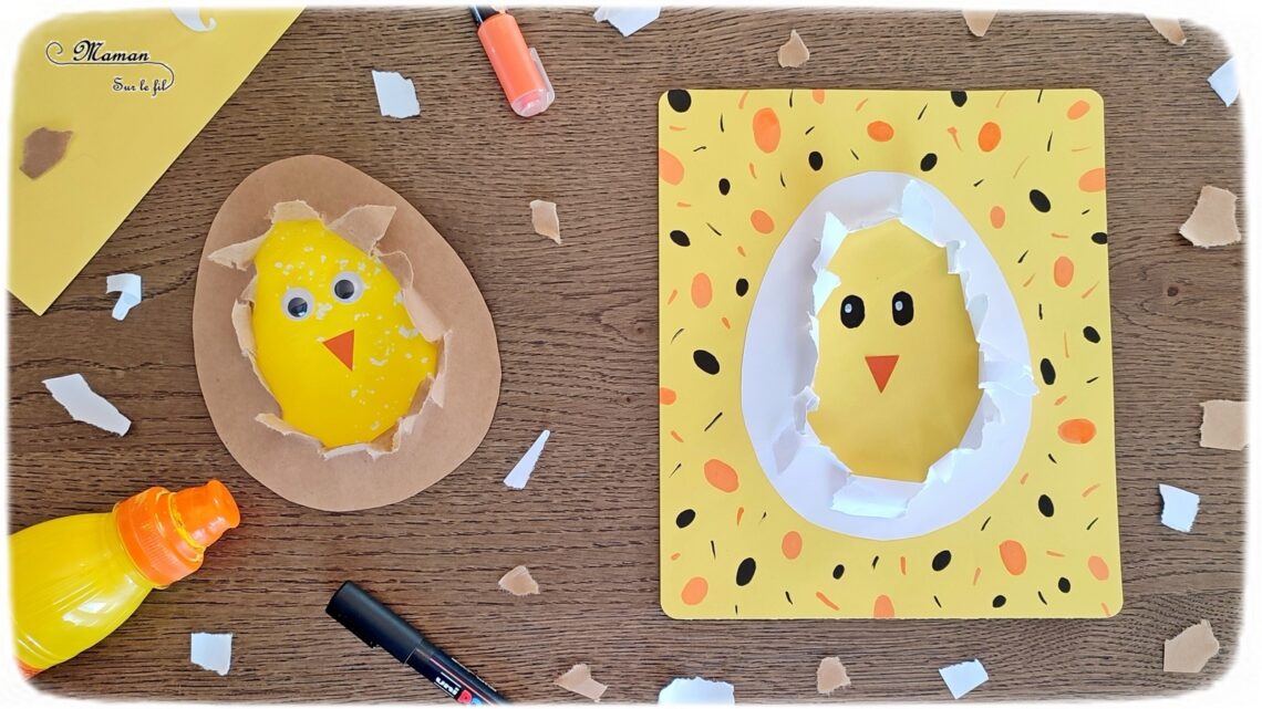 Activité créative et manuelle enfants - Créer des Poussins mignons dans leur oeuf en papier déchiré - Peinture à la paille, Découpage, collage et déchirage - Yeux mobiles, dessin et graphisme - Poussin qui sort de l'oeuf - Bricolage pour le printemps et pour Pâques - Bricolage facile et rigolo - Arts visuels Maternelle et élémentaire - Créativité - Tutoriel photos - Cycle 1 ou 2 - mslf