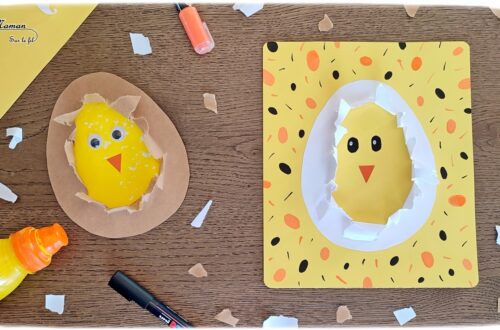 Activité créative et manuelle enfants - Créer des Poussins mignons dans leur oeuf en papier déchiré - Peinture à la paille, Découpage, collage et déchirage - Yeux mobiles, dessin et graphisme - Poussin qui sort de l'oeuf - Bricolage pour le printemps et pour Pâques - Bricolage facile et rigolo - Arts visuels Maternelle et élémentaire - Créativité - Tutoriel photos - Cycle 1 ou 2 - mslf