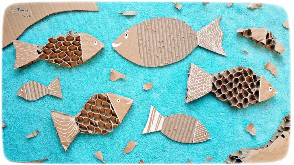 Activité créative et manuelle enfants - Fabriquer des poissons d'avril en carton déchiré - Récup, recyclage, surcyclage - Découpage, déchirage, dessin - A accrocher dans le dos ou en décoration - Bricolage facile et rapide pour le 1er avril; l'été ou un thème sur les animaux marins - Arts visuels Maternelle et élémentaire - Créativité - Cycle 1 ou 2 - tutoriel photos - mslf