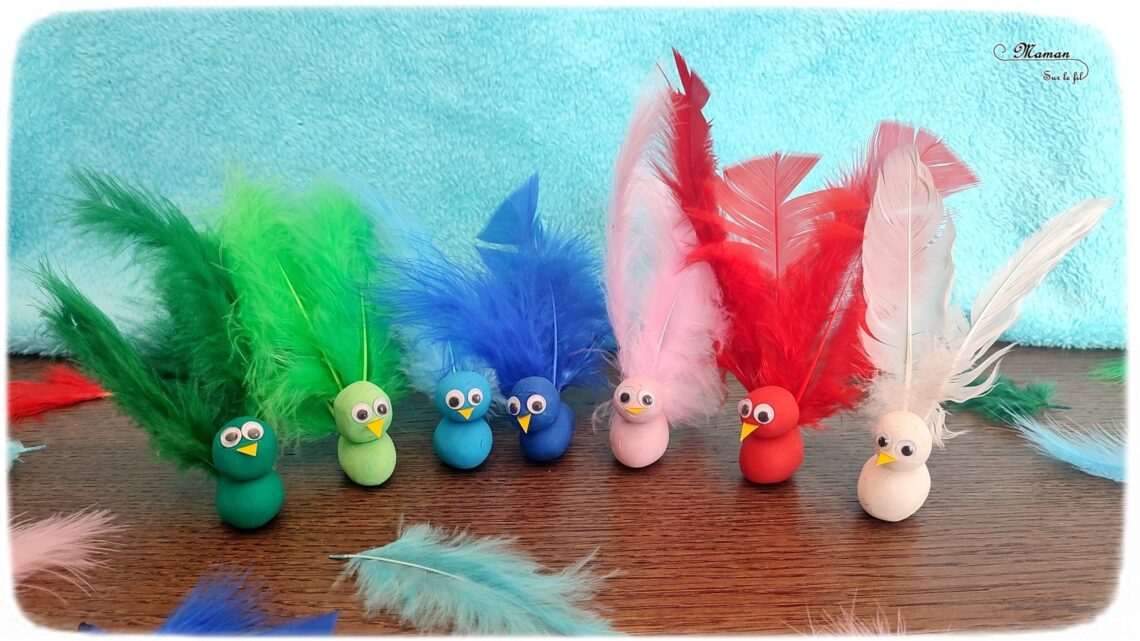 Activité créative, manuelle, pédagogique et éducative enfants - Oiseaux en pâte à modeler, plumes et association de couleurs - Jeu et atelier DIY - Maternelle et pré-scolaire - Modelage et Motricité fine - Planter les plumes dans les oiseaux en fonction des couleurs - Animaux et Printemps - Arts visuels Maternelle et élémentaire - Créativité - Cycle 1 ou 2 - mslf