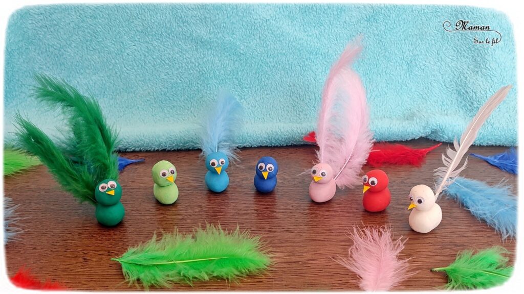 Activité créative, manuelle, pédagogique et éducative enfants - Oiseaux en pâte à modeler, plumes et association de couleurs - Jeu et atelier DIY - Maternelle et pré-scolaire - Modelage et Motricité fine - Planter les plumes dans les oiseaux en fonction des couleurs - Animaux et Printemps - Arts visuels Maternelle et élémentaire - Créativité - Cycle 1 ou 2 - mslf