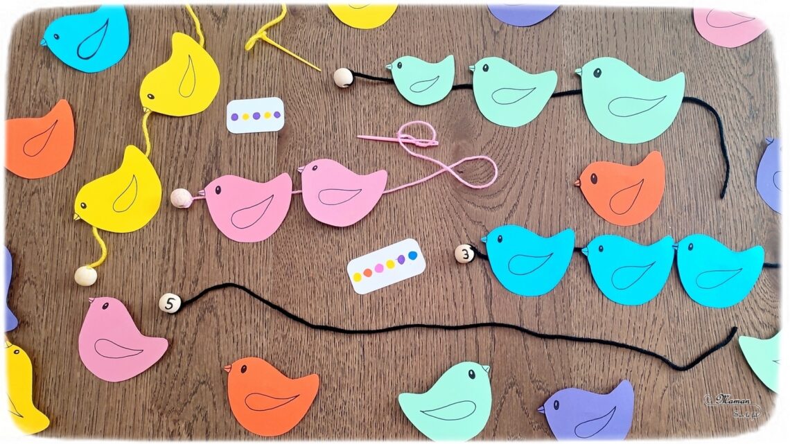 Activité créative, manuelle, pédagogique et éducative enfants - Oiseaux sur le fil - Multi-jeux : plusieurs activités - ateliers DIY maternelle - Classement, tri par couleur, reproduction d'un algorithme, dénombrement, compter, rangement par taille - Motricité fine - Enfiler les oiseaux sur un fil de laine - Animaux et Printemps - Arts visuels Maternelle et élémentaire - Créativité - Cycle 1 ou 2 - mslf