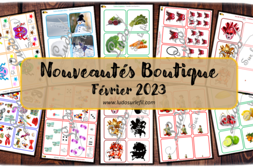 Nouveautés févriier 2023 - Boutique en ligne Ludo sur le fil - fichiers jeux pdf à télécharger et imprimer ou jeux imprimés envoyés à domicile - Hiver, carnaval, mardi-gras, fruits et légumes - mise en paire, cartes Montessori, nomenclature, classifiées, cartes à pince, ombres, loupe, miniatures, couleurs, mathématiques, dénombrement, jeux, activités - atelier autocorrectif multi niveaux donc progressif - Vocabulaire, lexique - Maternelle Cycle 2 - Autonomie - mslf