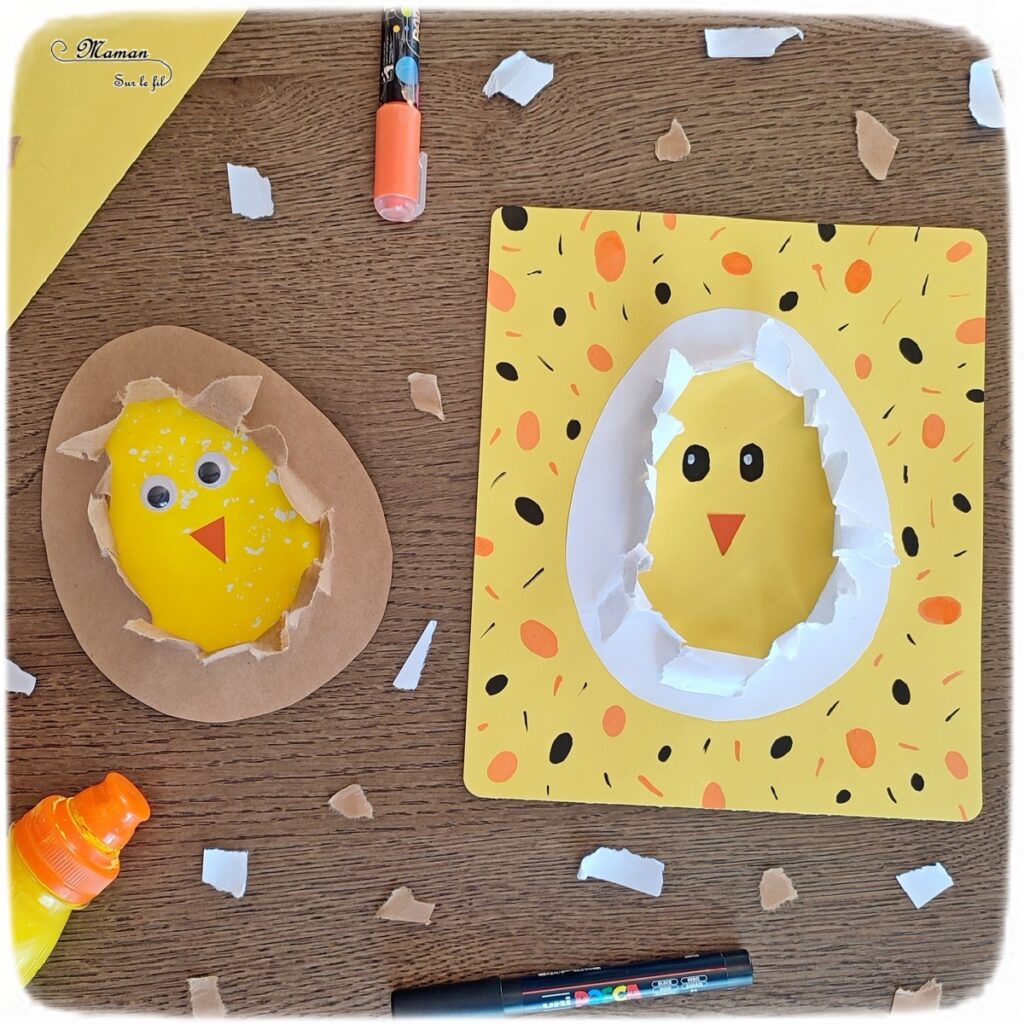 Activité créative et manuelle enfants - Créer des Poussins mignons dans leur oeuf en papier déchiré - Peinture à la paille, Découpage, collage et déchirage - Yeux mobiles, dessin et graphisme - Poussin qui sort de l'oeuf - Bricolage pour le printemps et pour Pâques - Bricolage facile et rigolo - Arts visuels Maternelle et élémentaire - Créativité - Tutoriel photos - Cycle 1 ou 2 - mslf