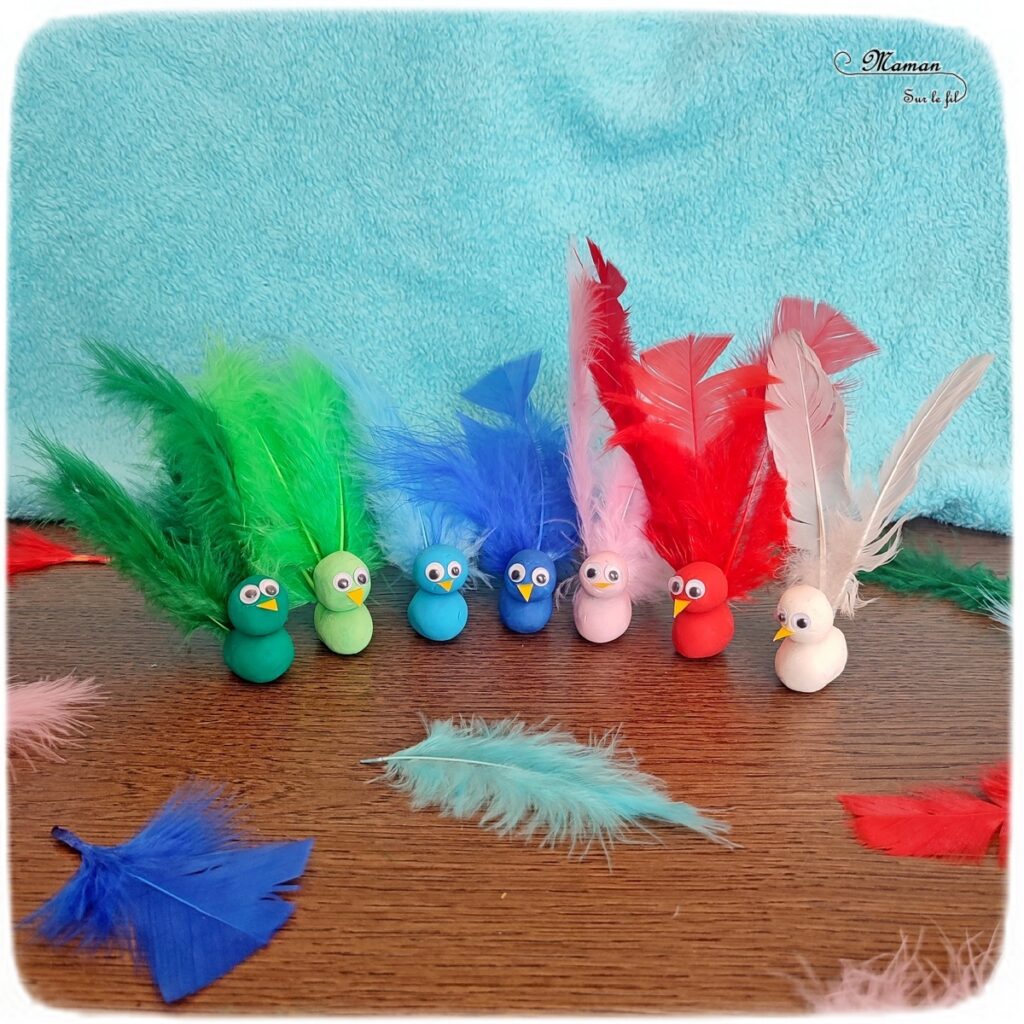 Activité créative, manuelle, pédagogique et éducative enfants - Oiseaux en pâte à modeler, plumes et association de couleurs - Jeu et atelier DIY - Maternelle et pré-scolaire - Modelage et Motricité fine - Planter les plumes dans les oiseaux en fonction des couleurs - Animaux et Printemps - Arts visuels Maternelle et élémentaire - Créativité - Cycle 1 ou 2 - mslf