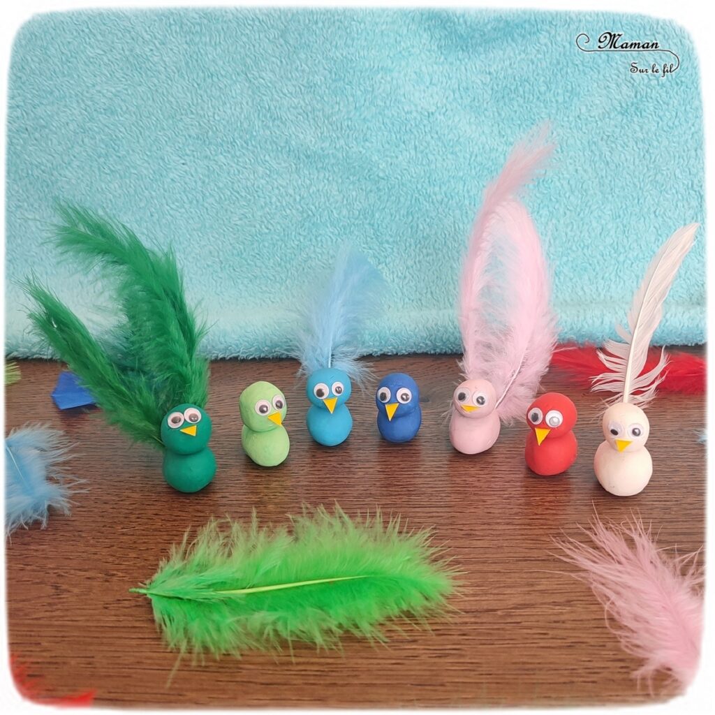 Activité créative, manuelle, pédagogique et éducative enfants - Oiseaux en pâte à modeler, plumes et association de couleurs - Jeu et atelier DIY - Maternelle et pré-scolaire - Modelage et Motricité fine - Planter les plumes dans les oiseaux en fonction des couleurs - Animaux et Printemps - Arts visuels Maternelle et élémentaire - Créativité - Cycle 1 ou 2 - mslf