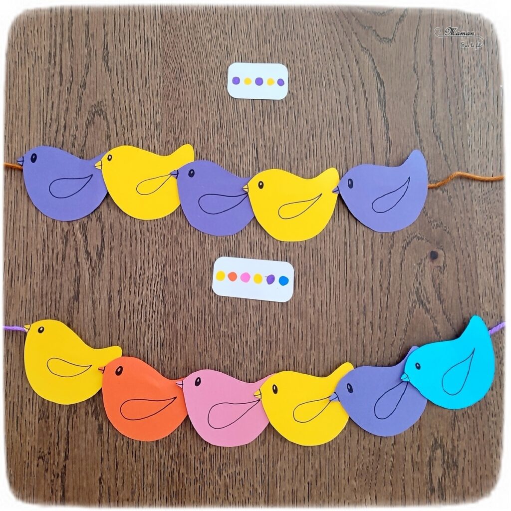 Activité créative, manuelle, pédagogique et éducative enfants - Oiseaux sur le fil - Multi-jeux : plusieurs activités - ateliers DIY maternelle - Classement, tri par couleur, reproduction d'un algorithme, dénombrement, compter, rangement par taille - Motricité fine - Enfiler les oiseaux sur un fil de laine - Animaux et Printemps - Arts visuels Maternelle et élémentaire - Créativité - Cycle 1 ou 2 - mslf