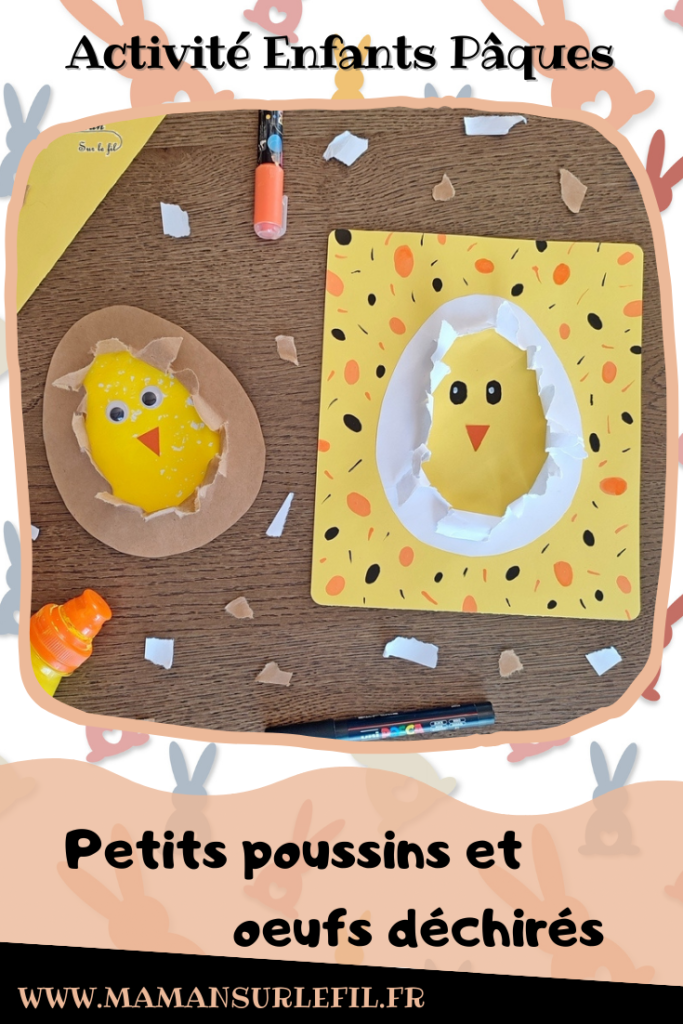 Activité créative et manuelle enfants - Créer des Poussins mignons dans leur oeuf en papier déchiré - Peinture à la paille, Découpage, collage et déchirage - Yeux mobiles, dessin et graphisme - Poussin qui sort de l'oeuf - Bricolage pour le printemps et pour Pâques - Bricolage facile et rigolo - Arts visuels Maternelle et élémentaire - Créativité - Tutoriel photos - Cycle 1 ou 2 - mslf